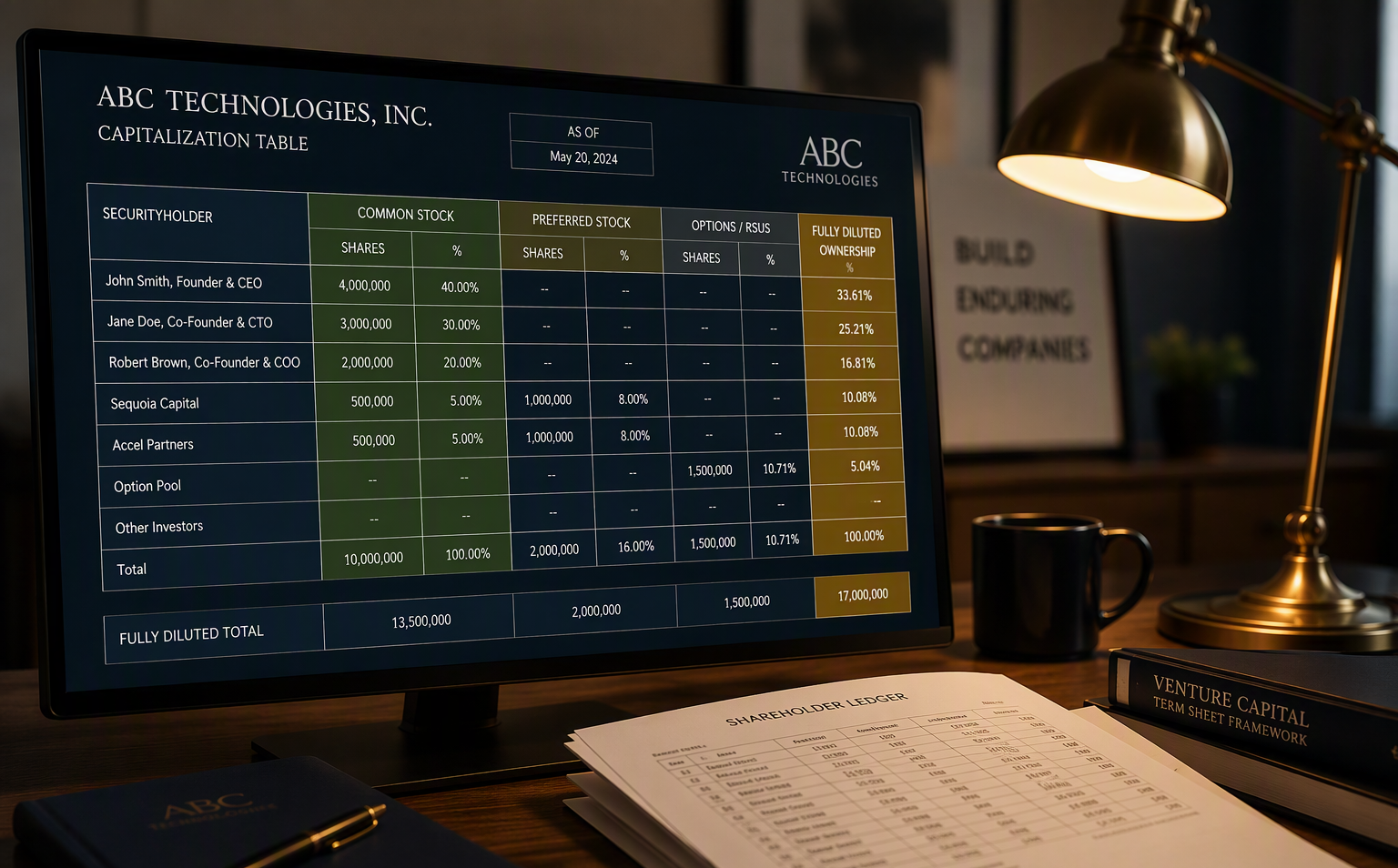 Cap table spreadsheet on a monitor