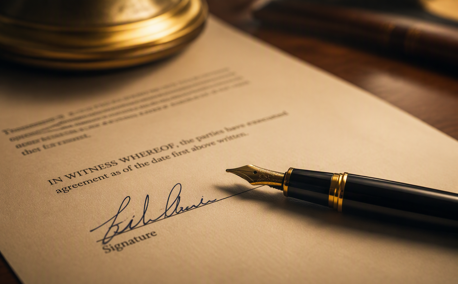 Fountain pen on a contract signature page