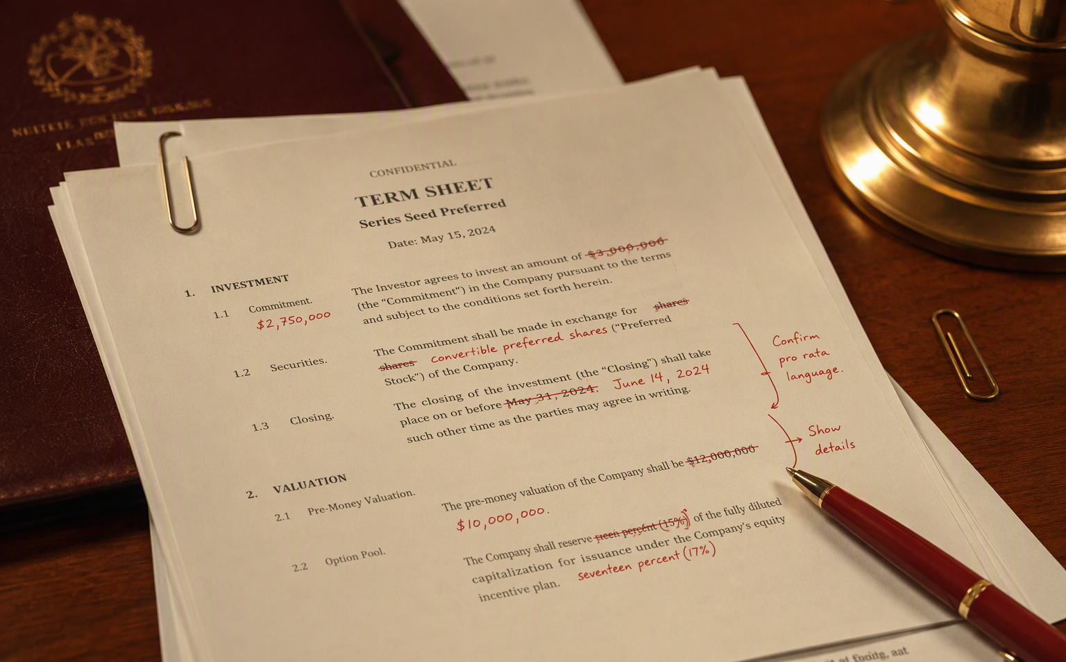 Stack of term sheets with redline edits